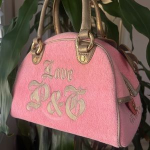 Rare vintage Juicy Couture Y2K Isle de Juicy Palm Tree Bowler Pink&Gold Satchel
